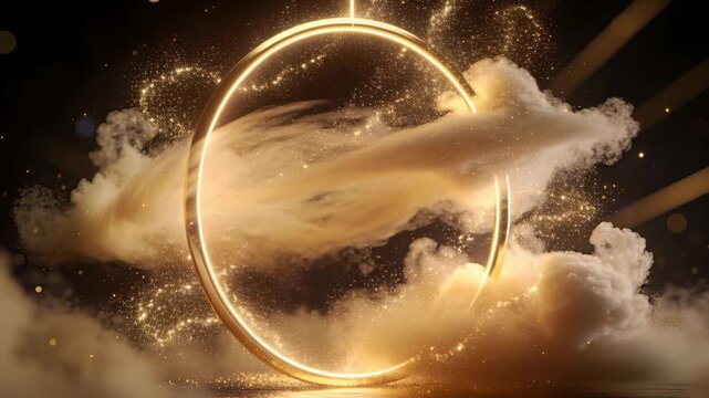 Glowing golden ring rotating and tilting on dark stage when vertical beam connects, with sparkles