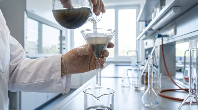 Laboratory Technician Carefully Using Filter Paper Inside a Glass Funnel to Separate SOLID Particles From a Liquid Sample, Clean Scientific Laboratory
