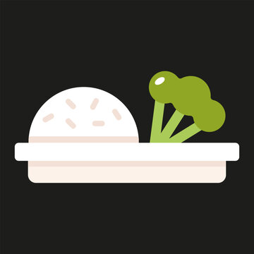 Minimal flat food icon of rice and broccoli on a plate, modern design on white background