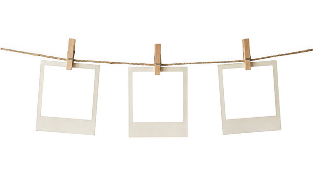 Set of three blank photo frames hanging on twine isolated on transparent background
