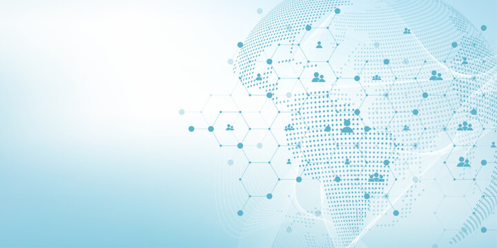 Global network connection concept. Big data visualization. Social network communication in the global computer networks. Internet technology. Business. Science. Vector illustration