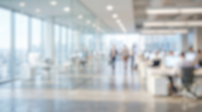 Abstract defocused modern business workplace background showing corporate office interior soft glowing bokeh bright daylight professional company environment busy working people