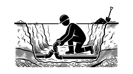 Obraz premium Construction worker installing pipes in trench, shovel and dirt pile nearby