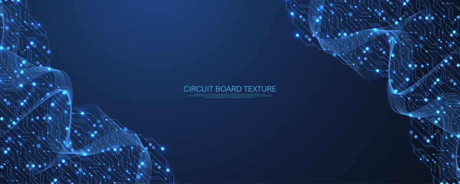 Abstract blue technology background with glowing circuit line pattern. Futuristic vector motherboard texture elements and digital data flow. Modern tech innovation concept.