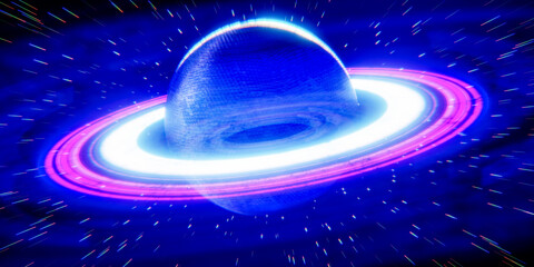 Vibrant blue alien planet sphere surrounded by bright luminous pink neon rings traveling rapidly through deep dark outer space environment, 3d rendering © Celt Studio
