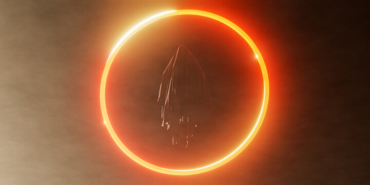 Dark sinister hooded cloaked phantom floating perfectly centered within bright burning neon orange circular portal over dusty barren wasteland ground, 3d rendering