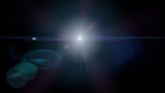 Flare overlay sun light len effect. Long cyan blue anamorphic streak with subtle glow. Cinematic horizontal flash for sci-fi