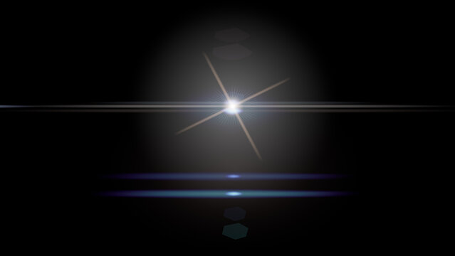 Flare overlay sun light len effect. White star X shape with blue anamorphic line. Horizontal flash for sci-fi