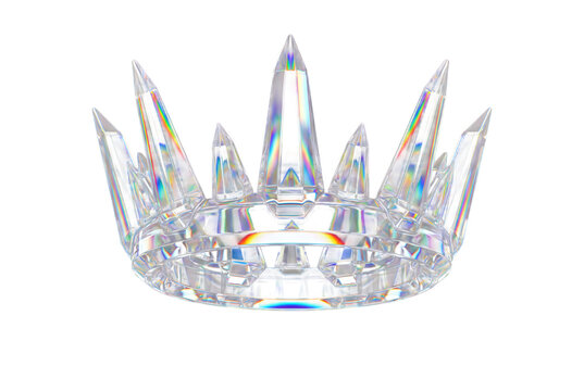 Crystal crown sculpture featuring sharp faceted points and rainbow refractions. Render transparent glass shape. 3d vector morphism
