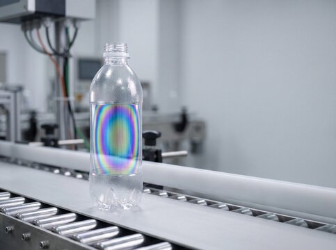 Clear plastic PET bottle with rainbow birefringence stress pattern on an industrial conveyor belt in a manufacturing facility