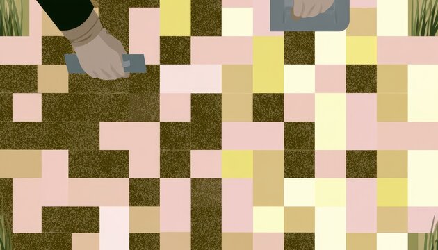 Two hands laying square tiles on the ground, creating a checkerboard pattern