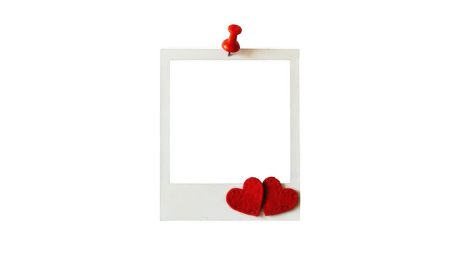 Blank instant film frame with red hearts isolated on transparent background