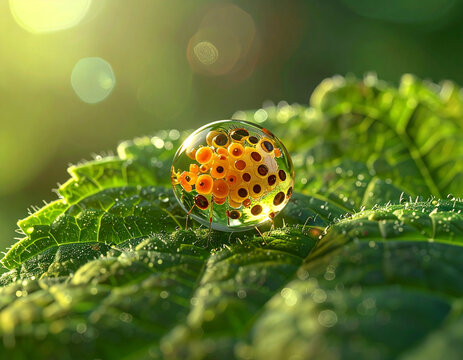 Water drop with orange elements on a green leaf