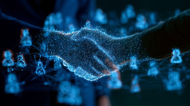 Glowing blue digital handshake forms between two hands, representing technology and connection, ideal background for business and innovation concepts