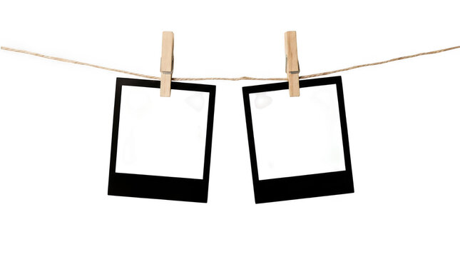 Blank instant photo frames hanging on string isolated on transparent background
