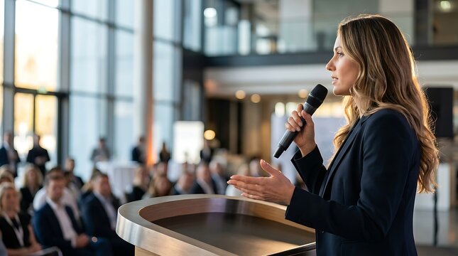 Female keynote speaker delivering presentation with microphone at wooden podium during corporate business summit addressing diverse audience in convention hall.