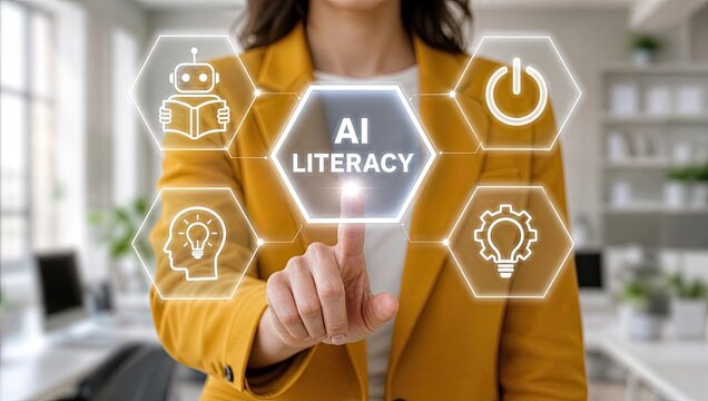 Woman touching screen showing AI literacy concept with icons of robot reading, lightbulb, power button, and gear for education and technology understanding.
