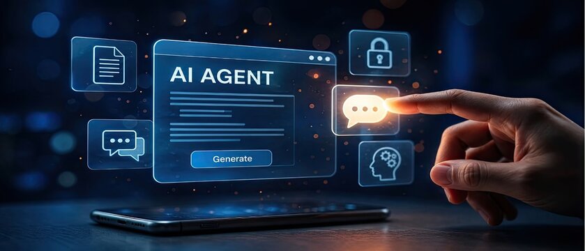 Hand touching holographic ai agent interface window with generate button and document chat cloud security icons for advanced automated content production tool.