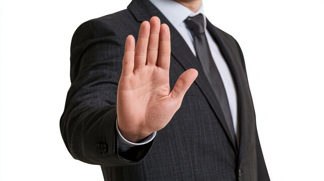 Man in formal black suit raising hand in a clear stop gesture against a stark white background, symbolizing refusal or restriction for corporate or legal use