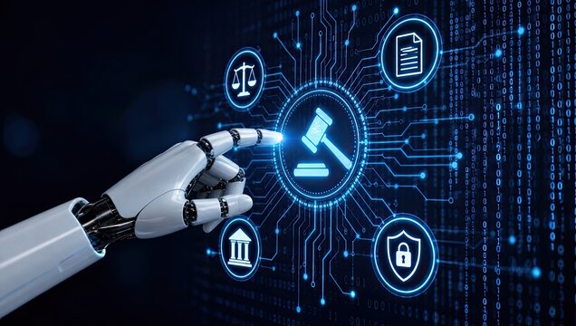 Robot hand interacting with digital law icons and blue circuit patterns for automated legal document analysis and courtroom judicial proceeding software management.