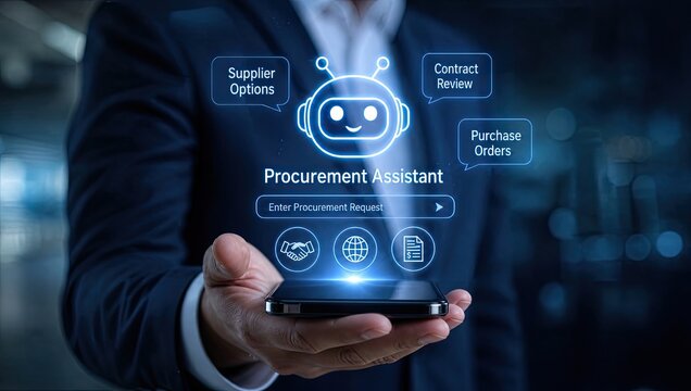 Procurement assistant artificial intelligence chatbot hologram floating above hand of businessman in suit representing automated corporate supply chain management.