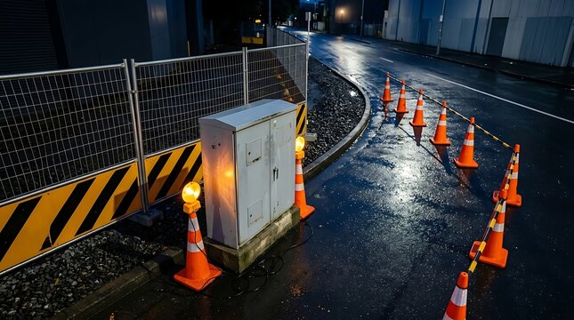 Orange traffic cones with yellow warning lights line wet asphalt street next to metal fence and grey utility junction box during roadwork construction at night.