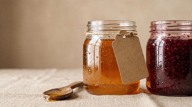 glass jars with honey and berry jam with blank tag on linen tablecloth