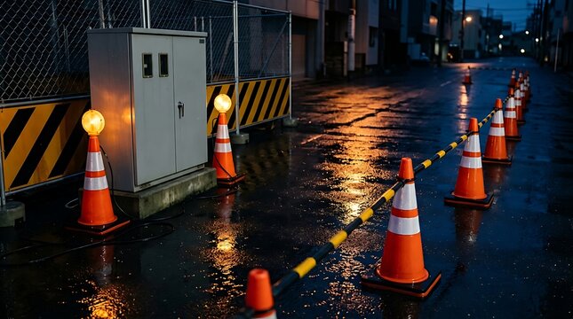 Amber signal lights glow atop bright orange traffic cones blocking wet dark asphalt pathway beside grey electrical distribution box during urban street repairs.