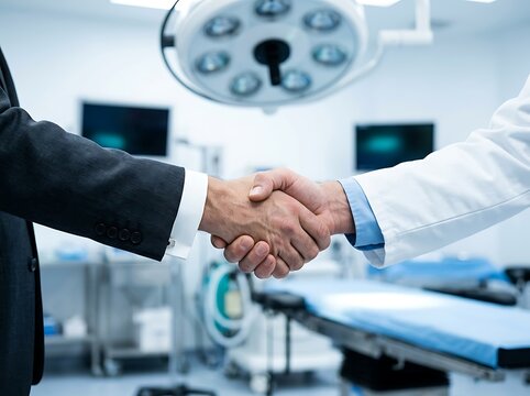Healthcare executive in suit shakes hand with surgeon in white coat inside modern sterile hospital operating room establishing professional medical partnership.