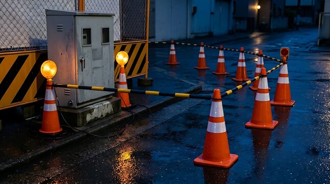 Illuminated orange traffic pylons connected by striped barrier poles enclose wet pavement work area near grey electrical substation box under night streetlights.