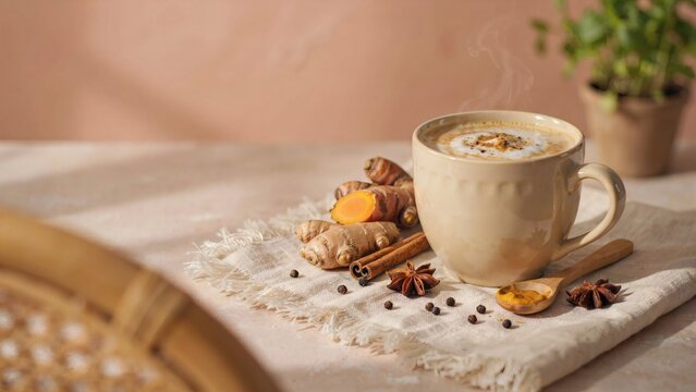 A creamy turmeric latte served in a ceramic mug with spices on a linen cloth with steaming cup golden milk latte sits textured linen napkin surrounded fresh turmeric roots