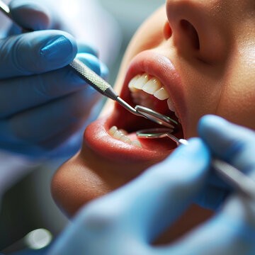 Close up of a dentist in blue gloves examining the teeth of a young adult woman using a dental mirror and probe