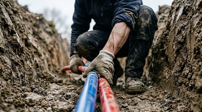 Worker in muddy gloves laying red and blue utility pipelines inside ground trench on outdoor construction site for underground infrastructure network setup.