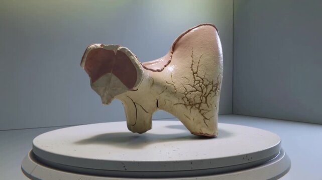Starting motor rotating turntable, sculpture showing glossy pink top and crazed beige panel studio