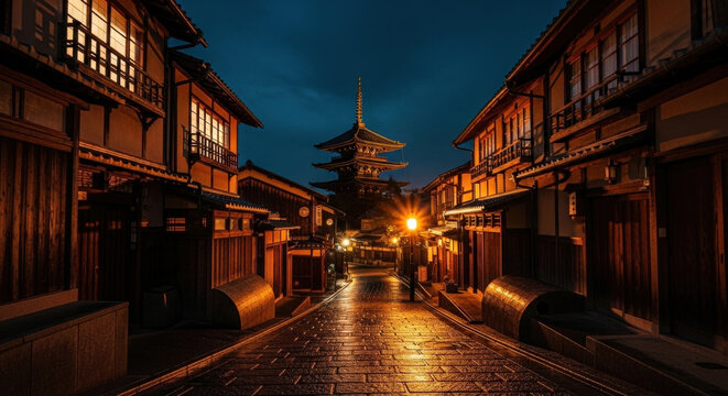 Ancient japanese street at night with traditional wooden houses and a pagoda a cultural travel destination for asian tourism and history.