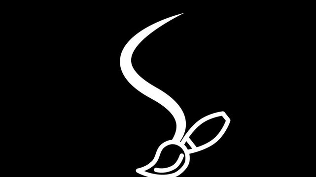 Animated white line art paintbrush drawing a curved stroke on a black background. Minimalist creative design tool concept.