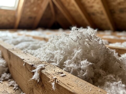 Loose blown-in cellulose insulation fills attic rafters, providing thermal protection and energy efficiency for residential homes.