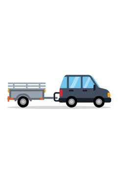 Hand-traced vector illustration of a compact gray SUV towing a small flatbed utility trailer with side rails, flat color design, isolated on white background, perfect for transport and automotive