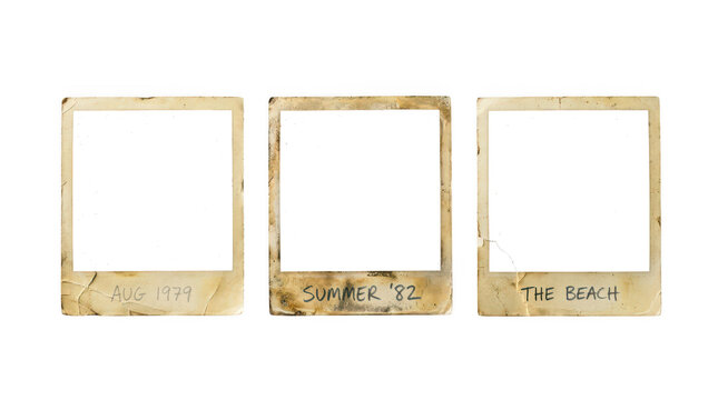 Set of three vintage weathered instant photo frames isolated on transparent background
