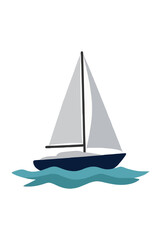 Fototapeta premium Hand-drawn vector icon illustration of a classic sailboat with crisp white sails and a dark navy hull navigating atop stylized teal choppy ocean waves, perfect nautical graphic