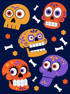 Dia de Los Muertos. Sugar Skulls Vector Set . Mexican Day of the Dead Elements