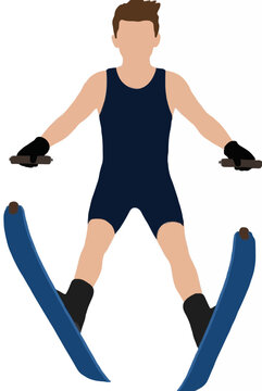 Hand-traced vector icon of a water ski jumper airborne in a spread-eagle pose, featuring a faceless athletic figure in a navy swimsuit and gloves, soaring dramatically with blue water skis pointed