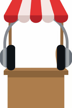 Colorful hand-drawn vector illustration of headphones hanging beneath a red-and-white striped translation booth canopy, ideal for communication, language, and interpretation themes