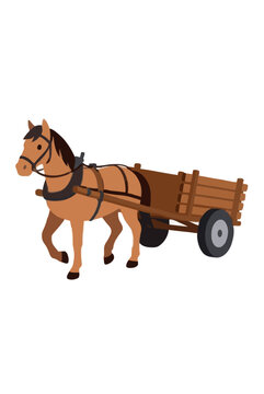 Vintage hand-drawn vector icon of a brown horse pulling a wooden farm cart with two wheels, isolated illustration in retro engraving style for agricultural and rural design themes