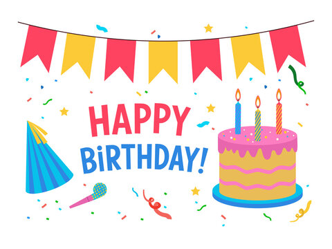 Birthday card with the text "Happy Birthday!", a cake with lit candles, a party hat, a party blowout and confetti. Illustration on a transparent background