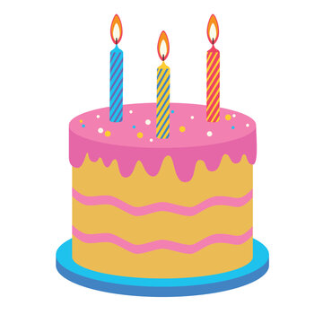 Birthday cake decorated with icing and lit candles. Flat color vector illustration isolated on a white background