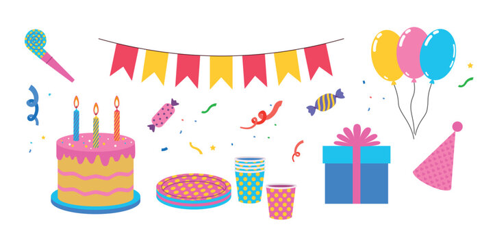 Birthday party supplies - a cake with lit candles, a party hat, balloons, confetti, a gift, a bunting, a party blowout, disposable tableware with dots. Vector illustration