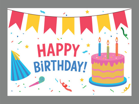 Birthday card with the text "Happy Birthday!", a cake with lit candles, a party hat, a party blowout and confetti. Vector illustration