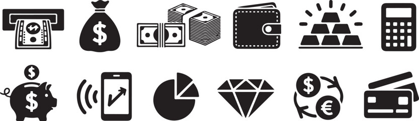 Fototapeta premium Financial Icons Collection with Currency and Wealth Symbols in Flat Design Style
