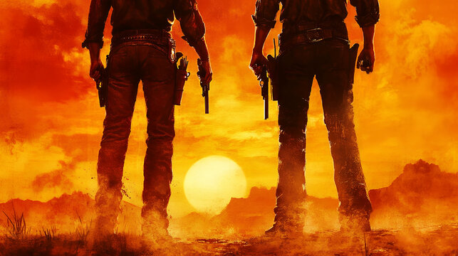 Two adult male cowboys standing in a western desert landscape holding revolvers at a vibrant golden hour sunset